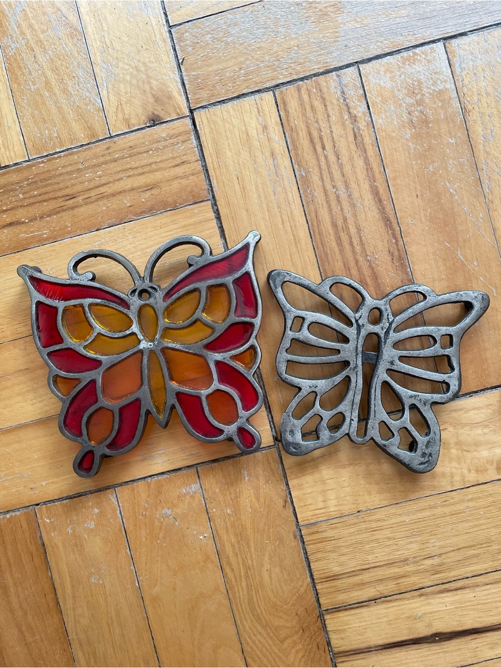 Set of 2 vintage Cast Iron Butterfly Stained glass Trivets